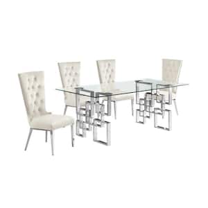 Dominga 5-Piece Rectangular Glass Top Stainless Steel Dining Set With 4 Cream Velvet Fabric Stainless Steel Chair