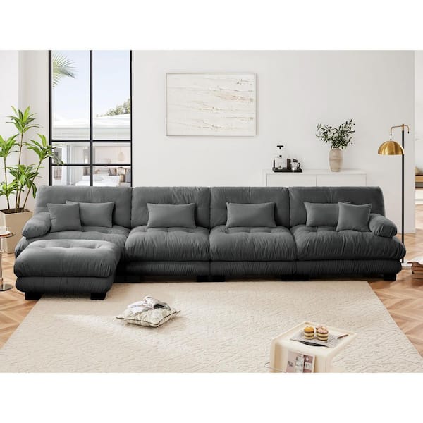 Ronald 173.2 in. Chenille Upholstered Rectangle Sectional Sofa in. Gray with Ottoman, 2 Lumbar Pillows, 2 Throw Pillows