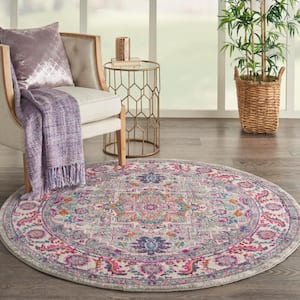 Passion Light Grey/Pink 4 ft. x 4 ft. Persian Medallion Transitional Round Area Rug