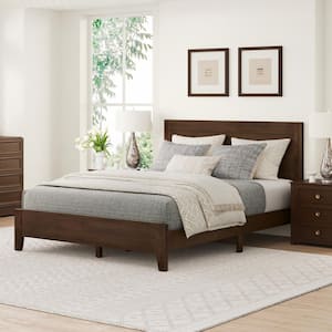 Lazio Mid Century Brown Walnut Solid Wood Frame Queen Size Platform Bed Frame with Headboard Wooden Slat Support