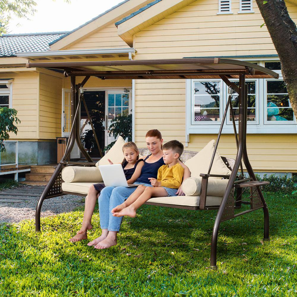 Beige Cushioned 3-Person Steel Porch Swing with Adjustable Canopy