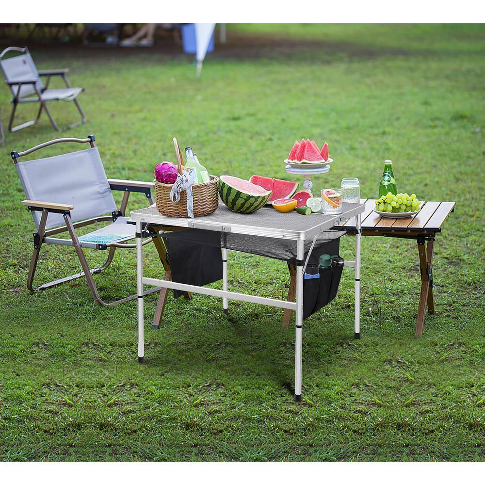 31.5" Silver Steel Folding Camping Table with Mesh Storage