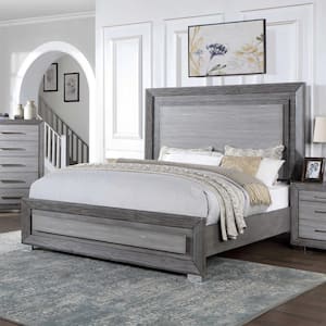 Elhaney Modern Gray Wood Frame Queen Panel Bed with LED on Headboard