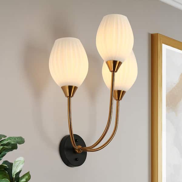 LNC Modern 15.3 in. 3-Light Plated Brass and Black Wall Sconce with White Opal Glass Shade Bathroom Powder Room Vanity Light