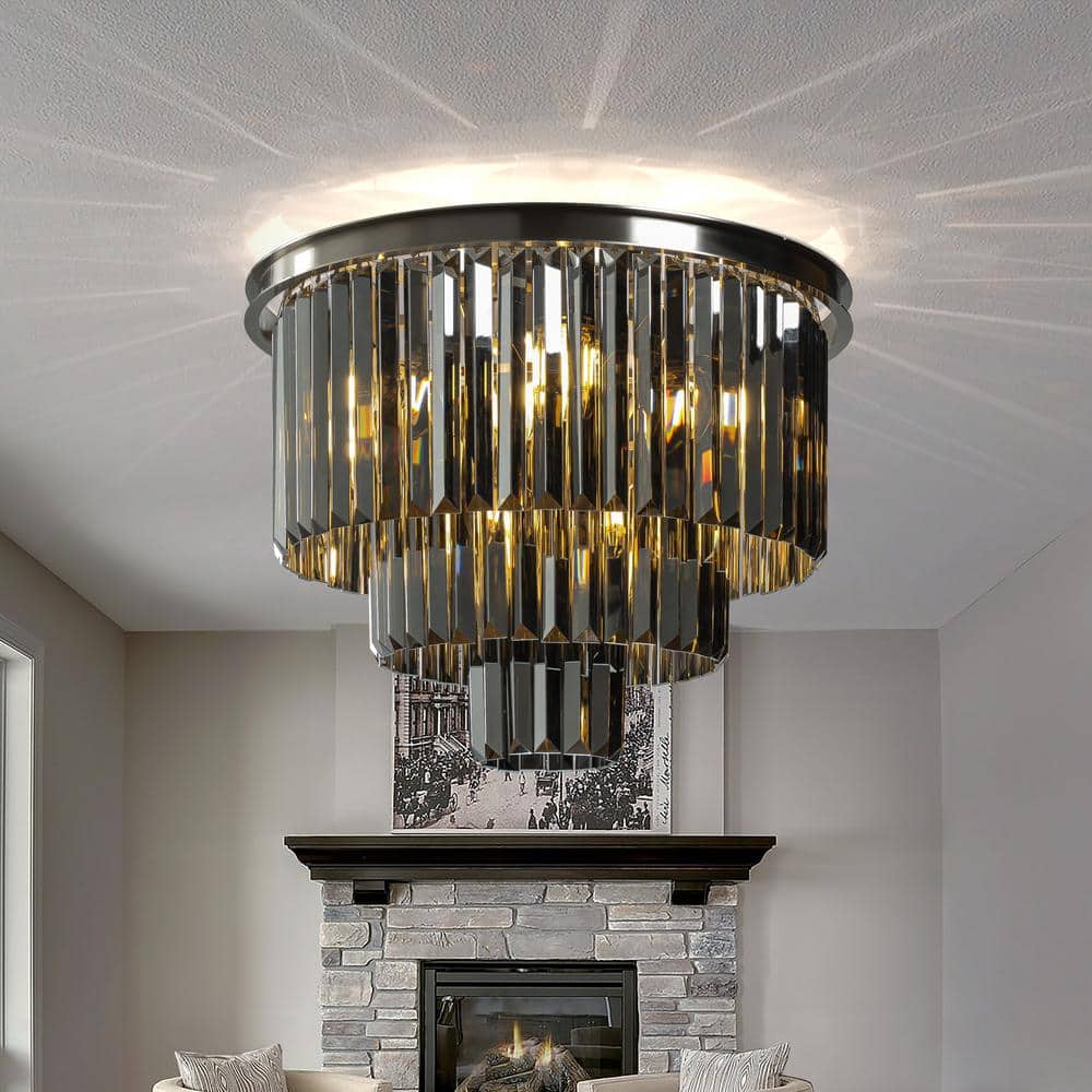 10-Light 20 in. Modern Round Fringe Crystal Flush Mount Ceiling Lighting in