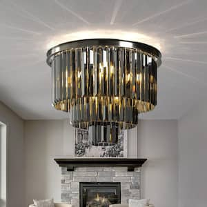 10-Light 20 in. Modern Round Fringe Crystal Flush Mount Ceiling Lighting in Polished Nickel with Tiered Smoke Crystal