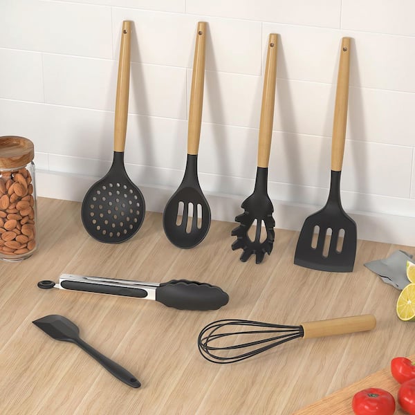 14-Piece Silicone Kitchen Utensil Set in Gray with Spatula, Turner, Tongs, Spoon, Brush