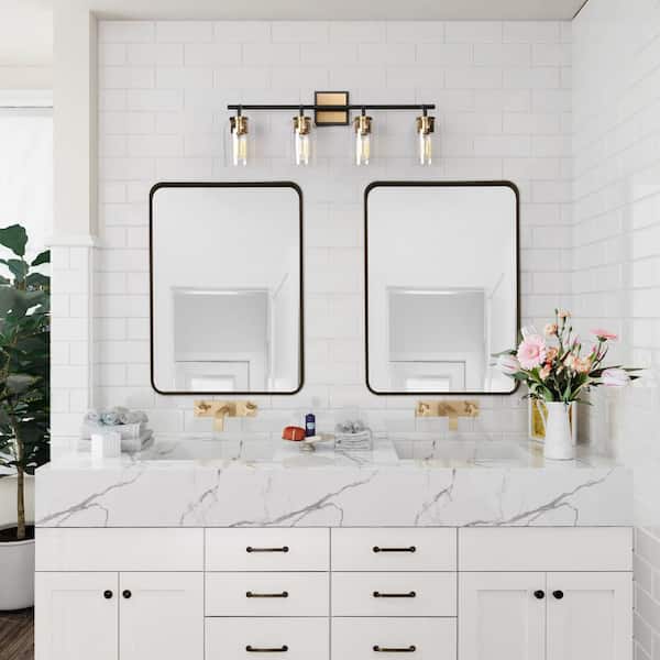 27.5 in. Modern 4-Light Brass Gold Bathroom Vanity Light, Bath Lighting with Cylinder Clear Glass, Black Wall Sconce