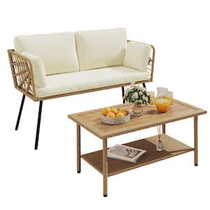2-Pieces All-Weather Wicker Patio Outdoor Conversation Set with Loveseat Coffee Table and Beige Cushions