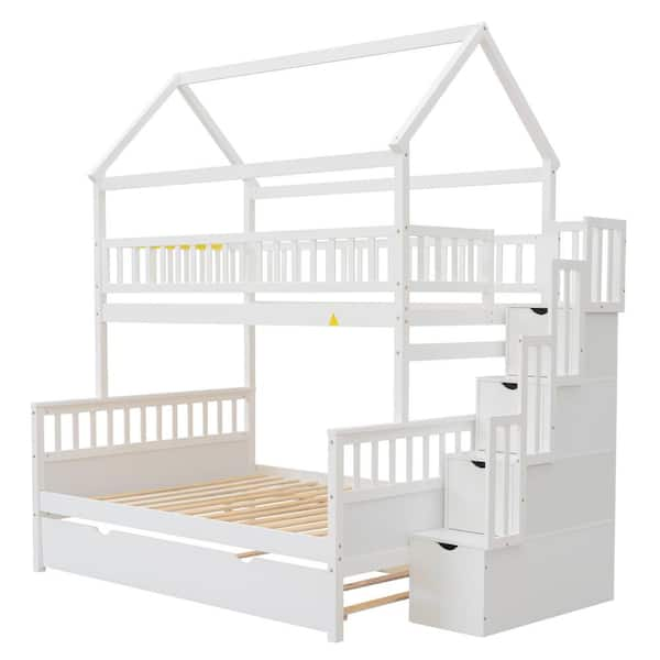 Clihome Twin over Full Size White Bunk Bed with Storage Staircase ...