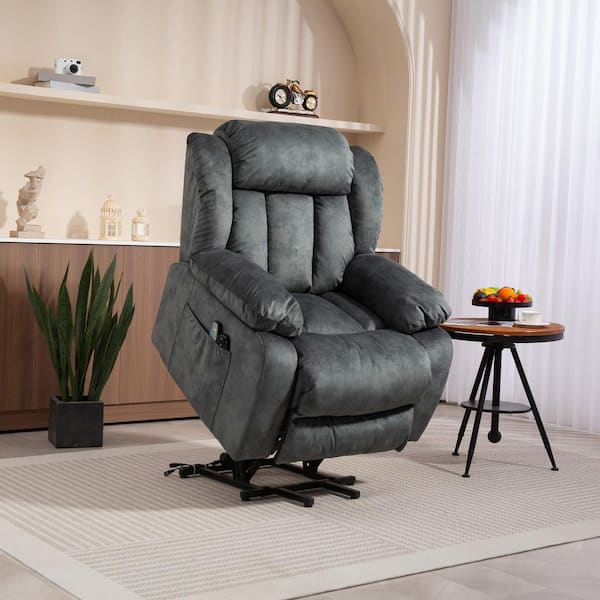 Spring Grayish Blue Overstuffed Velvet Power Lift Recliner Chair with Massage and Heat, USB Port, Side Pocket
