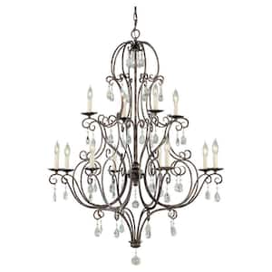 Chateau 12-Light Mocha Bronze Classic Rustic Crystal Hanging Empire Candlestick Chandelier