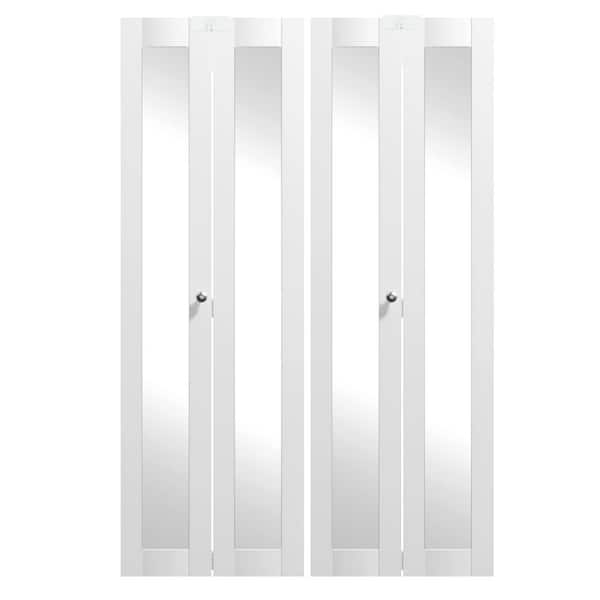 48 in. x 80 in. Full Lite Mirrored Glass Solid Core White PVC Covering MDF Bi-fold Door with Locks and Handles