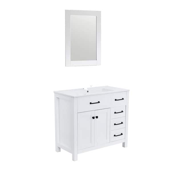 Unbranded 34.53 in. W x 17.83 in. D x 32.08 in. H Single Sink Bath Vanity in White with White Ceramic Top and Mirror