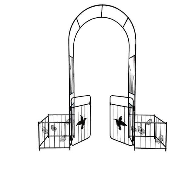 87 in. x 80 in. Metal Garden Arbor Garden Arch Climbing Plants Support Arch Wedding Arch with Plant Boxes and Door