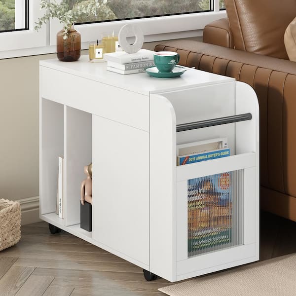 Unbranded 29.1 in. White Rectangle MDF Multi-Functional End Table with Wheels