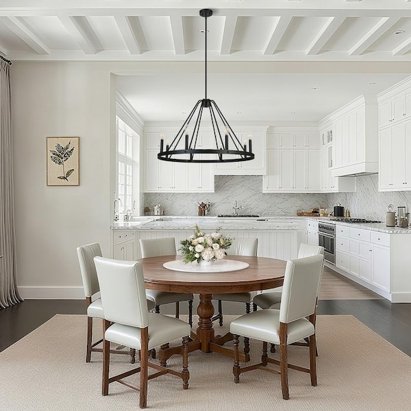 Industrial 32.5 in. W 8-Light Matte Black Wagon Wheel Chandelier for Living Room, Farmhouse Round Hanging Pendant Light