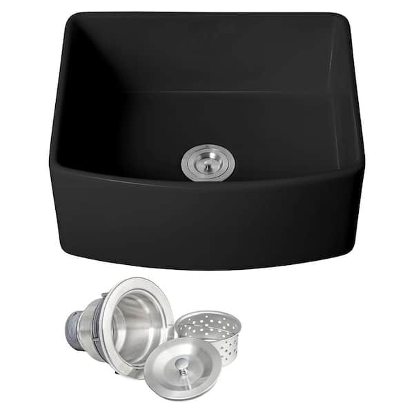 Black Fireclay 24 in. Single Bowl Apron-Front Kitchen Sink with Basket Strainer