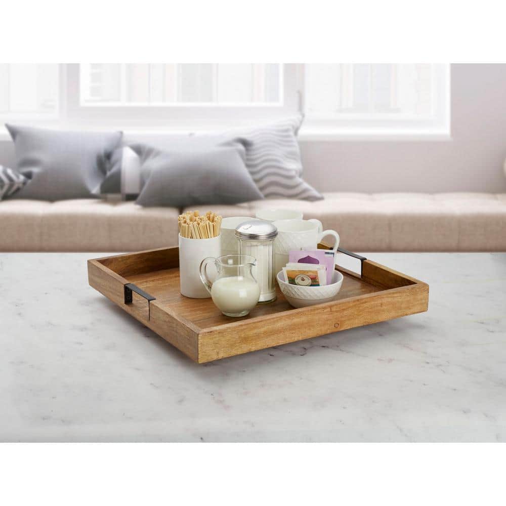 Mango Wood Square Lazy Susan with Wrought Iron Handles, 18-Inch