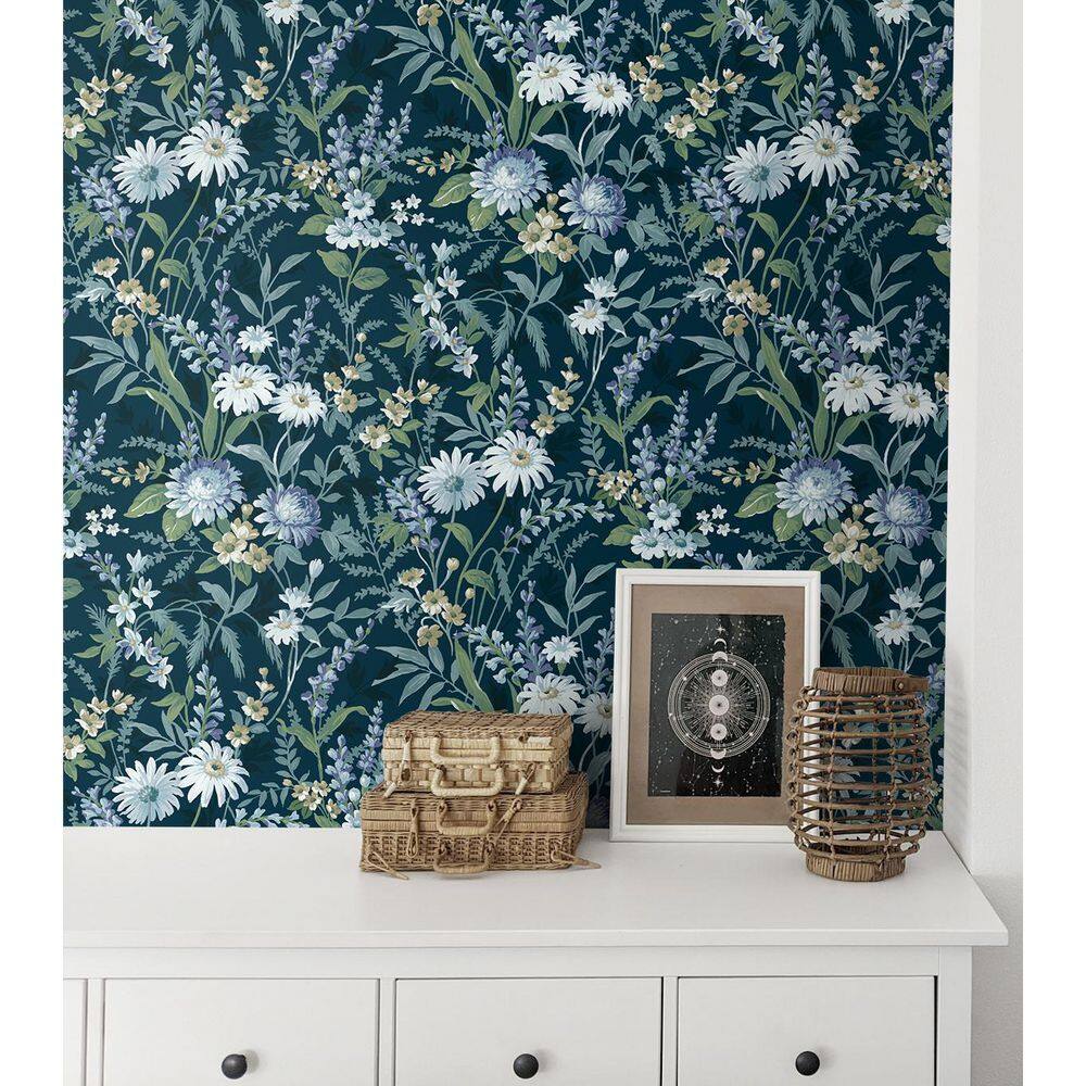 Teal and White Vinyl Floral Peel and Stick Wallpaper