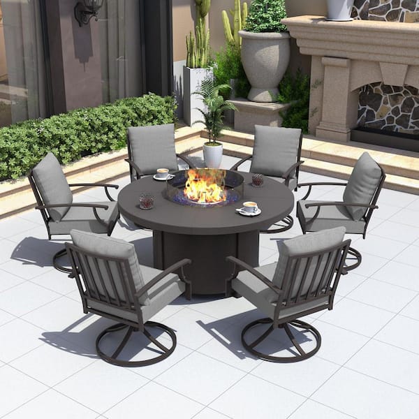 7-Piece Metal Patio Conversation Set with 48 in. Round Fire Pit Table, Wind Guard, 6 Back-Weaving Chairs, Cushion Grey