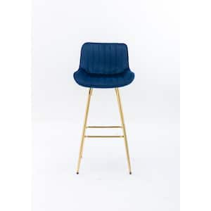 Gold Metal Outdoor Bar Stool with Blue Velvet Fabric Cushions, Set of 2