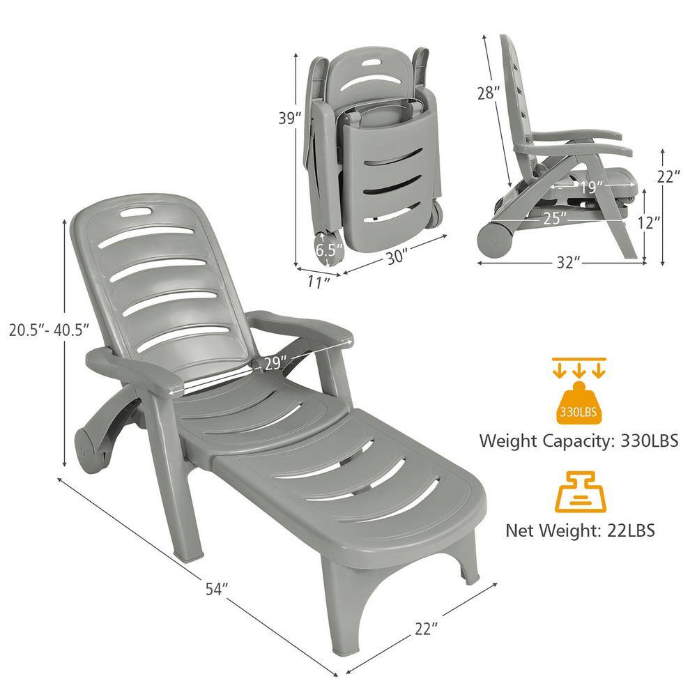 Gray 2-Piece Adjustable Plastic Outdoor Chaise Lounge Chairs