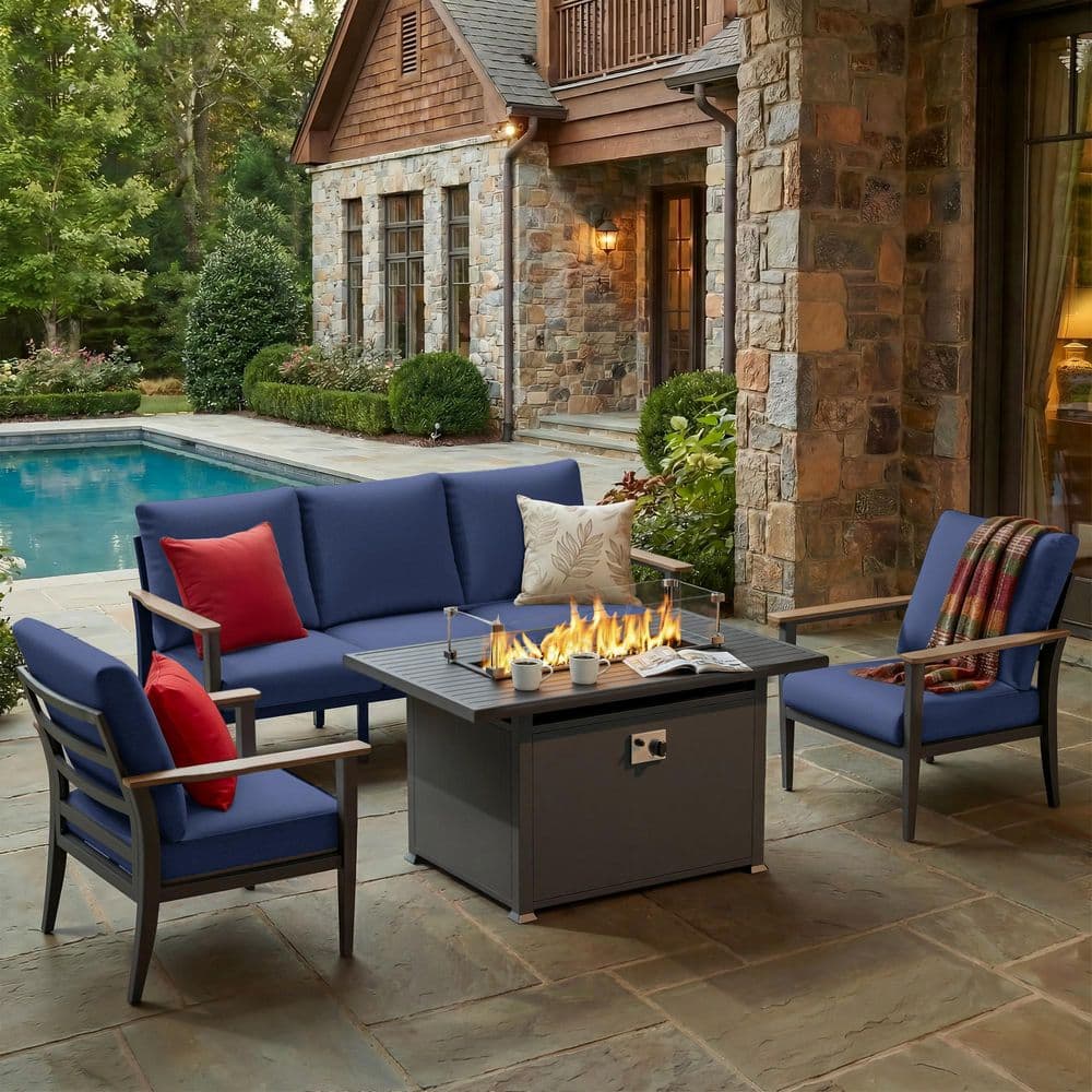 4-Piece Aluminum Patio Conversation Set with 55000 BTU Propane Fire Pit Table 3-Seat Sofa, 2 Chairs, Navy Blue Cushions price history on PriceWatchPro