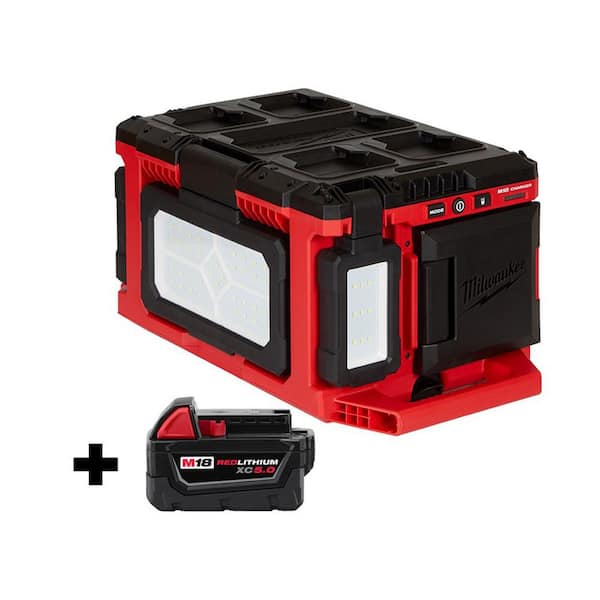 M18 18-Volt Lithium-Ion Cordless PACKOUT 3000 Lumens LED Light with Built-In Charger with (1) 5.0 Ah Battery