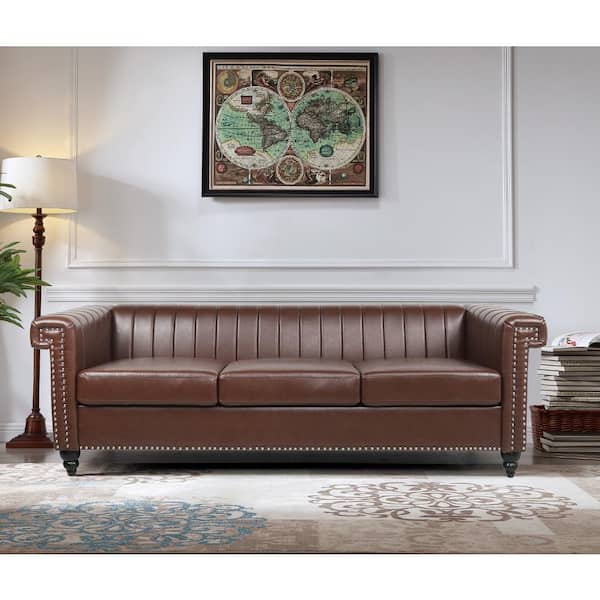 82 5 In W Square Arm Faux Leather Straight Removable Cushion 3 Seater Sofa Brown