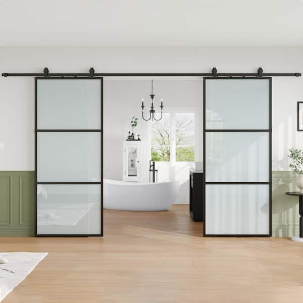 72 in. x 84 in. (Double 36 in doors) 3 Lite Frosted Glass Black Metal Frame Interior Sliding Barn Door with Hardware kit