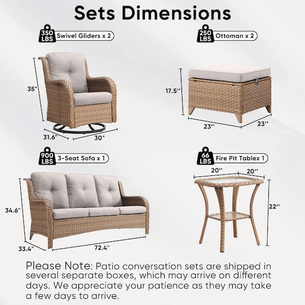 6-Piece Yellow Wicker Patio Conversation Set with Olefin Beige Cushions and Swivel Glider Chairs/Couch