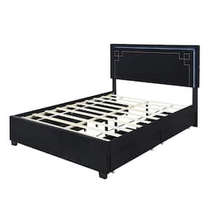 Black Wood Frame Queen Size Upholstered Platform Bed with 4-Drawers, LED and Rivet-Decorated Headboard