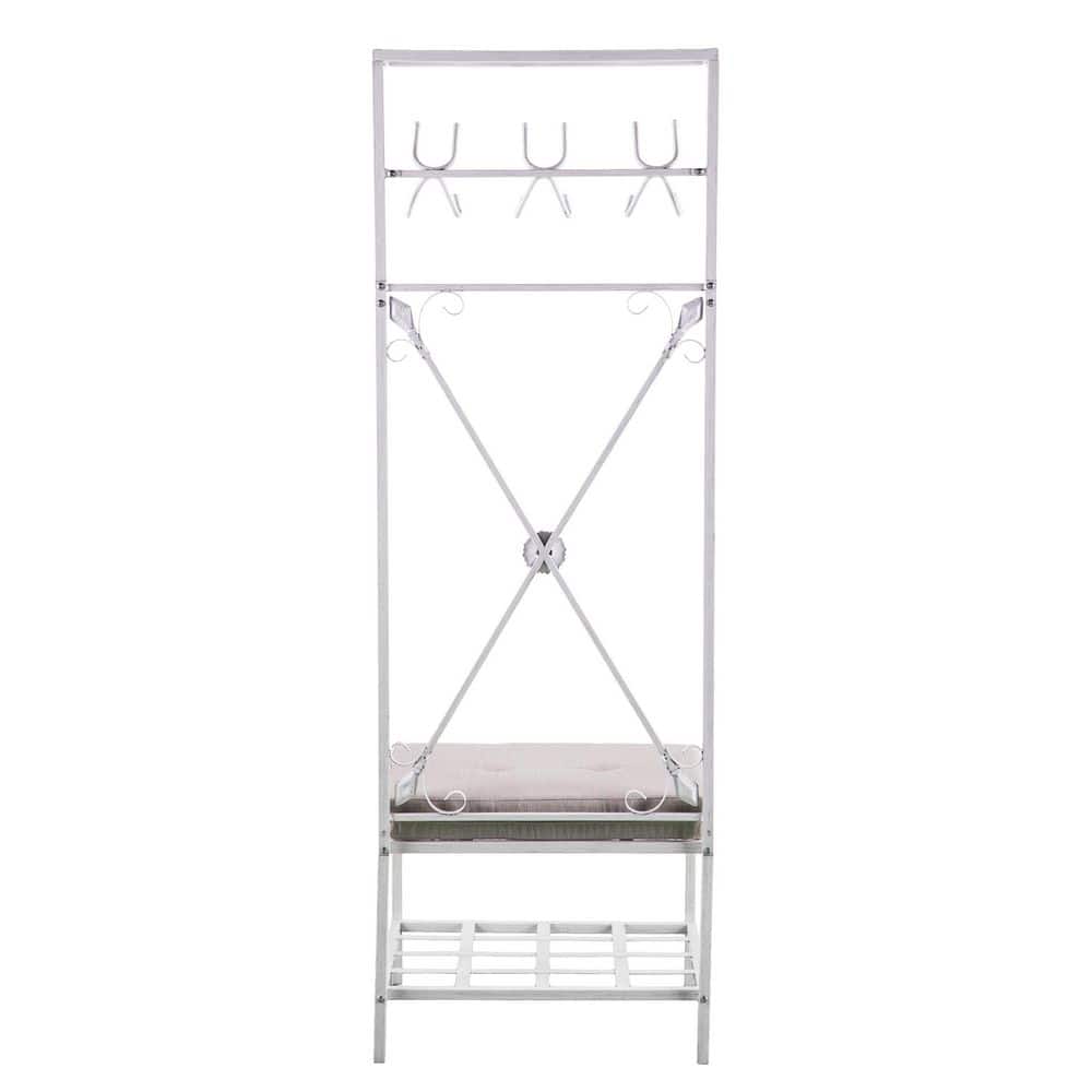 Traditional Entryway Hall Tree Bench with Plush Seat - Distressed White