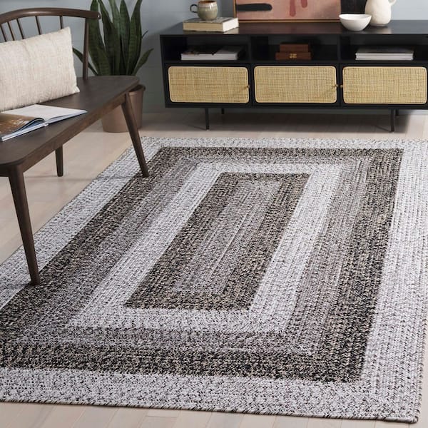 Braided Ivory/Black 3 ft. x 3 ft. Machine Washable Solid Striped Border Square Area Rug