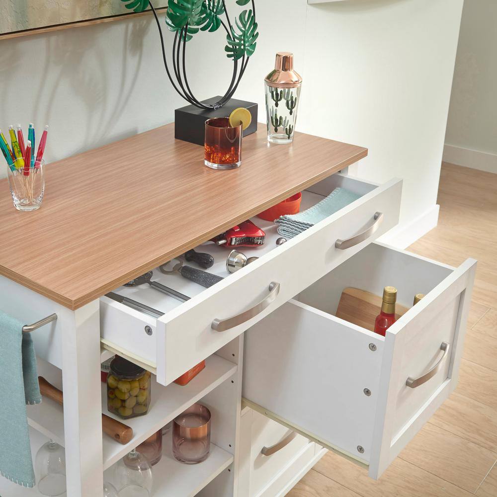 Off-White and Birch Wood Kitchen Cart with Storage