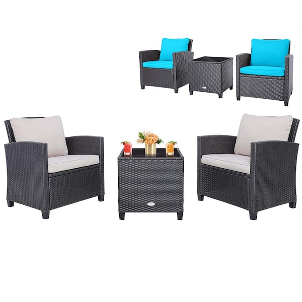 Costway 3-Pcs Rattan Wicker Patio Conversation Set Sofa Coffee Table with Beige andTurquoise Cushions