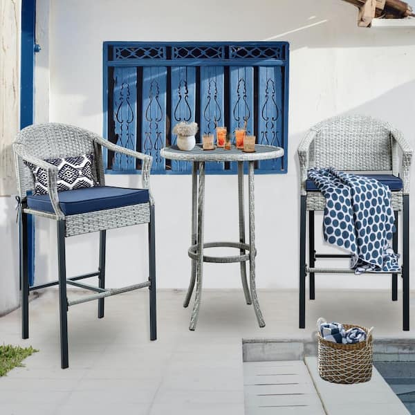 JUSKYS Gray 3-Piece Wicker 28'' Height Outdoor Serving Bar Set with Blue Cushion and Round metal Tabletop
