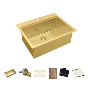 27 in. Drop-In Single Bowl 18-Gauge Gold Stainless Steel Workstation Kitchen Sink with Accessories