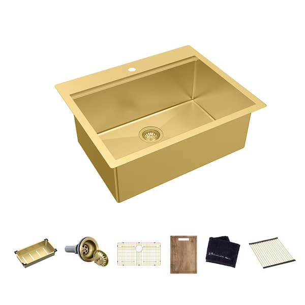 Glacier Bay 27 in. Drop-In Single Bowl 18-Gauge Gold Stainless Steel ...