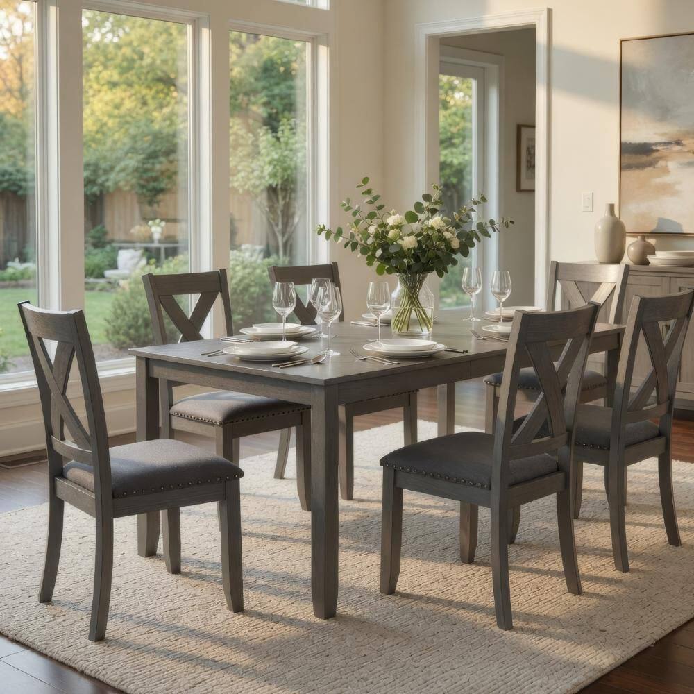 7 Piece Rectangular Gray Wood Top Dining Table Set Seats 6 price history on PriceWatchPro