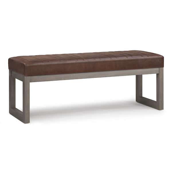 Simpli Home Casey 48 in. Wide Contemporary Rectangle Ottoman Bench in Distressed Chestnut Brown Vegan Faux Leather