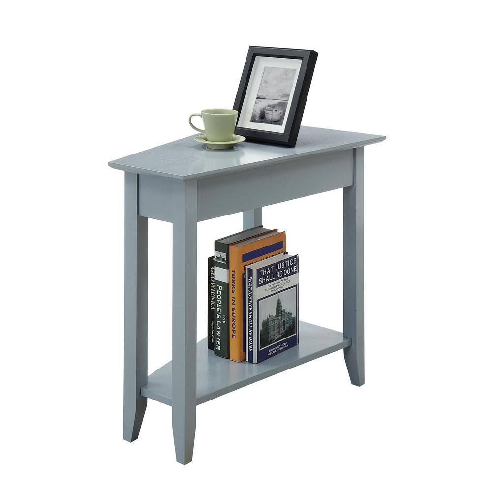 Gray Triangular Wood and Metal End Table with Shelf