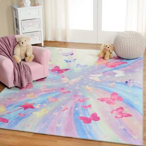 Chasing Butterflies Magenta 5 ft. x 7 ft. 6 in. Colorful Kids Power Loomed Non-Slip Indoor Area Rug