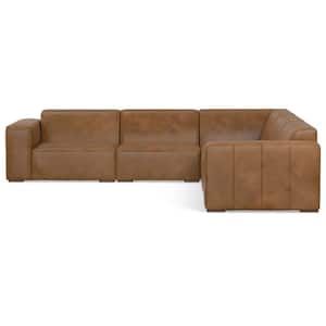 Rex 116 in. Straight Arm Genuine Leather L-Shaped Corner Sectional Modular Sofa in. Caramel Brown