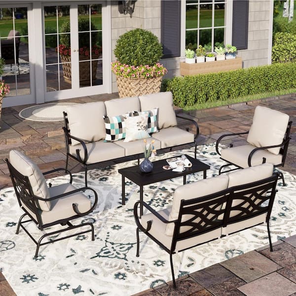 PHI VILLA 7 Seat 5-Piece Black Metal Steel Outdoor Patio Conversation Set with Beige Cushions, 2 Motion Chairs And Table