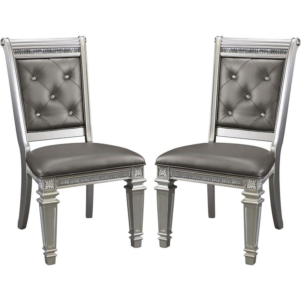 Silver/Gray Faux Leather Upholstered Wood Frame Dining Chair, Set of 2, Sturdy Dining Chair for Dining Rooms