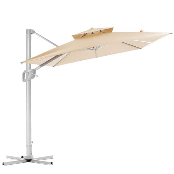 PASAMIC 10 ft. 2-Tier Aluminum Square Outdoor Cantilever Umbrella Patio Offset Umbrella, 360 Rotation And Cross Base in Beige