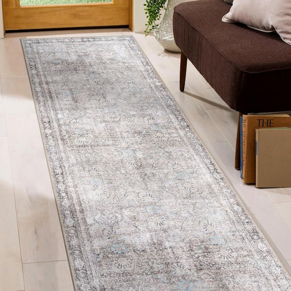 Vintage Inspired Machine Washable Non Slip Olive 2 ft. 6 in. x 12 ft. Runner Rug