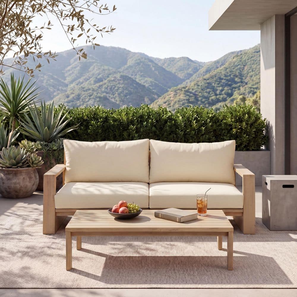 Wyrox Patio 2-Piece Light Teak Finish Solid Wood Outdoor Conversation Set with Cream Cushions and Coffee Table price history on PriceWatchPro